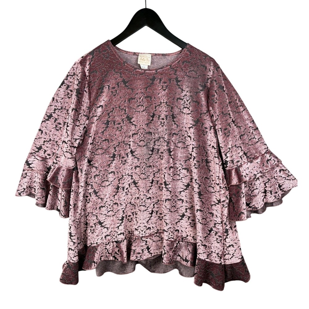 Zadie B's Velvet Burnout Top Women XL Pink Black Romantic Ruffle‎ Date Made USA